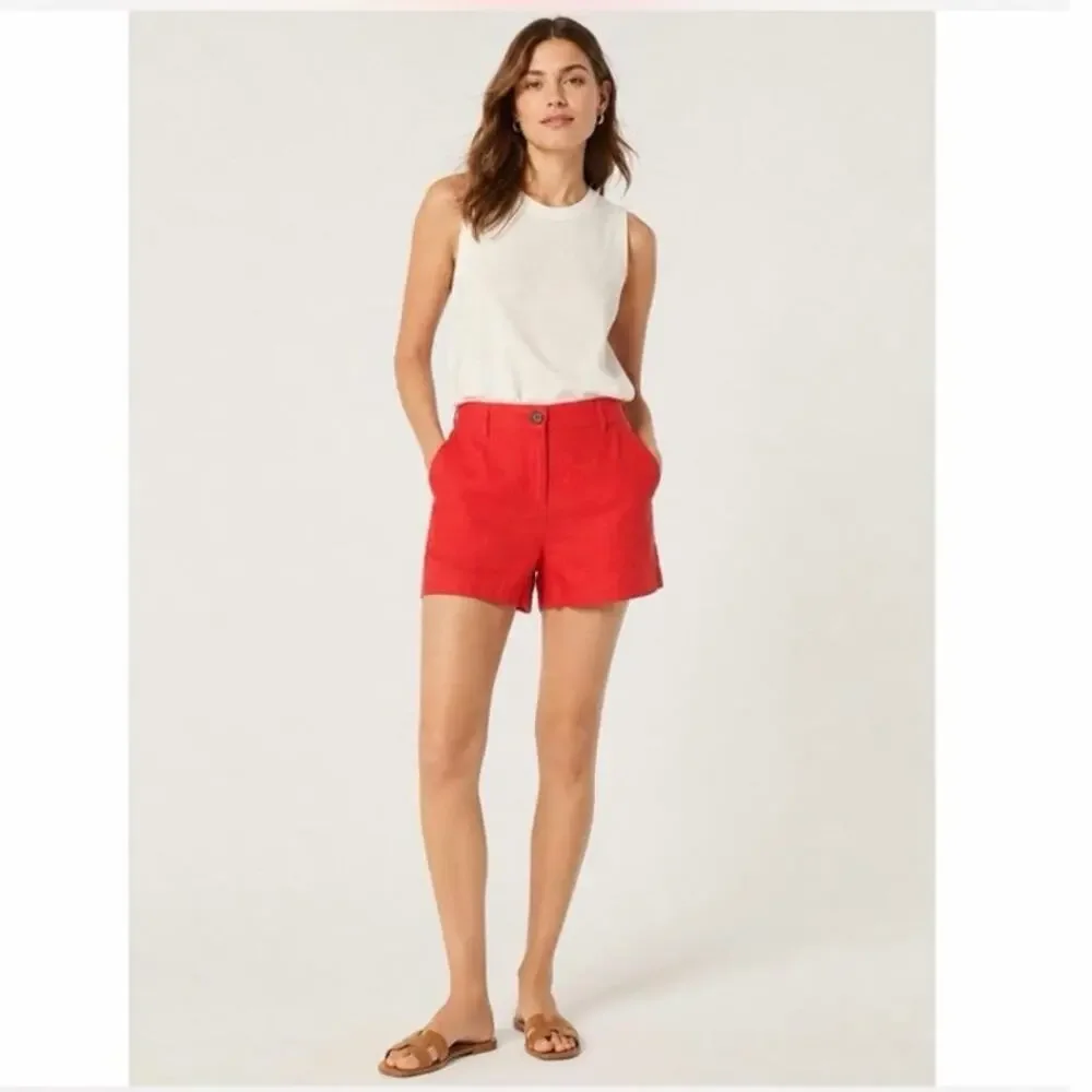 J.Crew Harbor Shorts Women’s Small Red 100% Linen Pull On Elastic Back 3” Inseam
